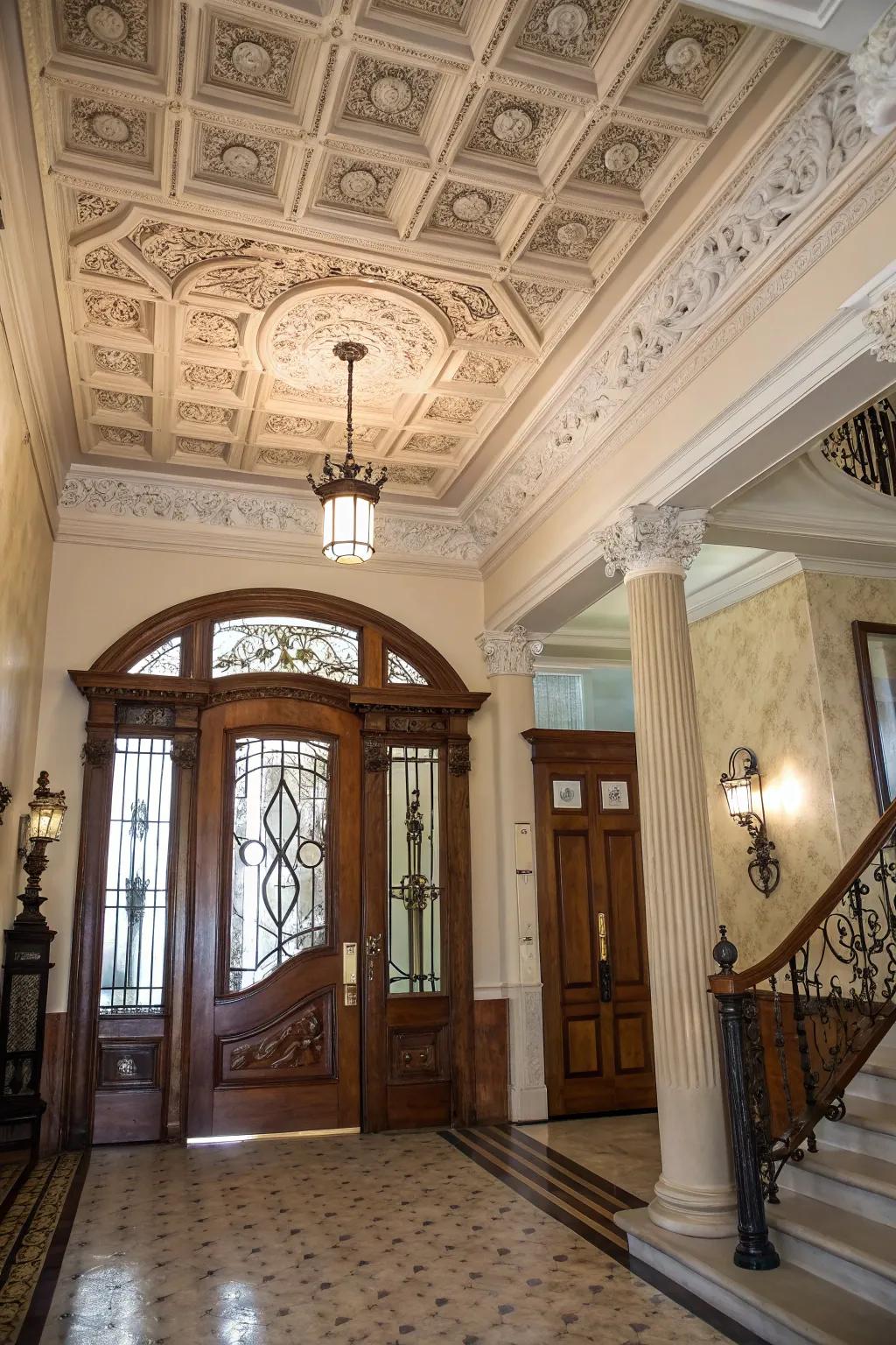 Ceiling treatments add interest to this colonial entryway.