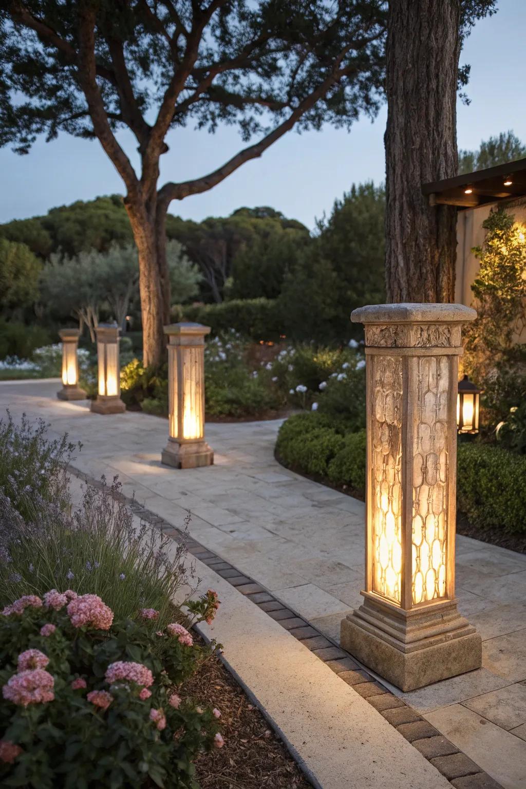 Add warmth with natural material columns.