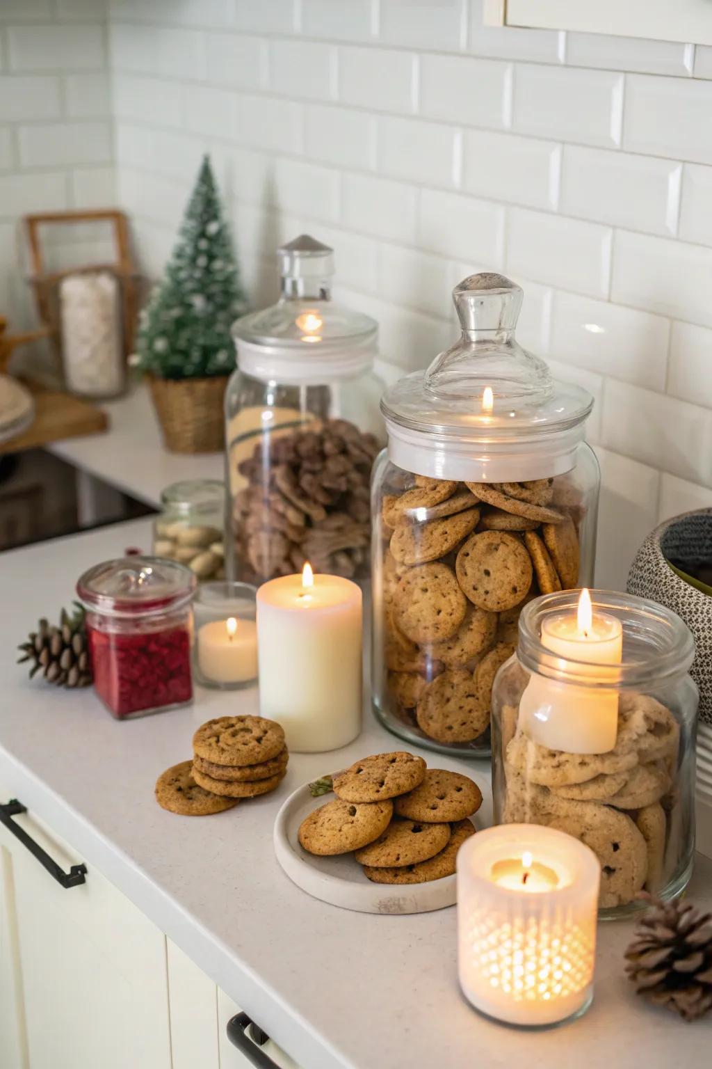 Combine treat containers with decor for added texture.