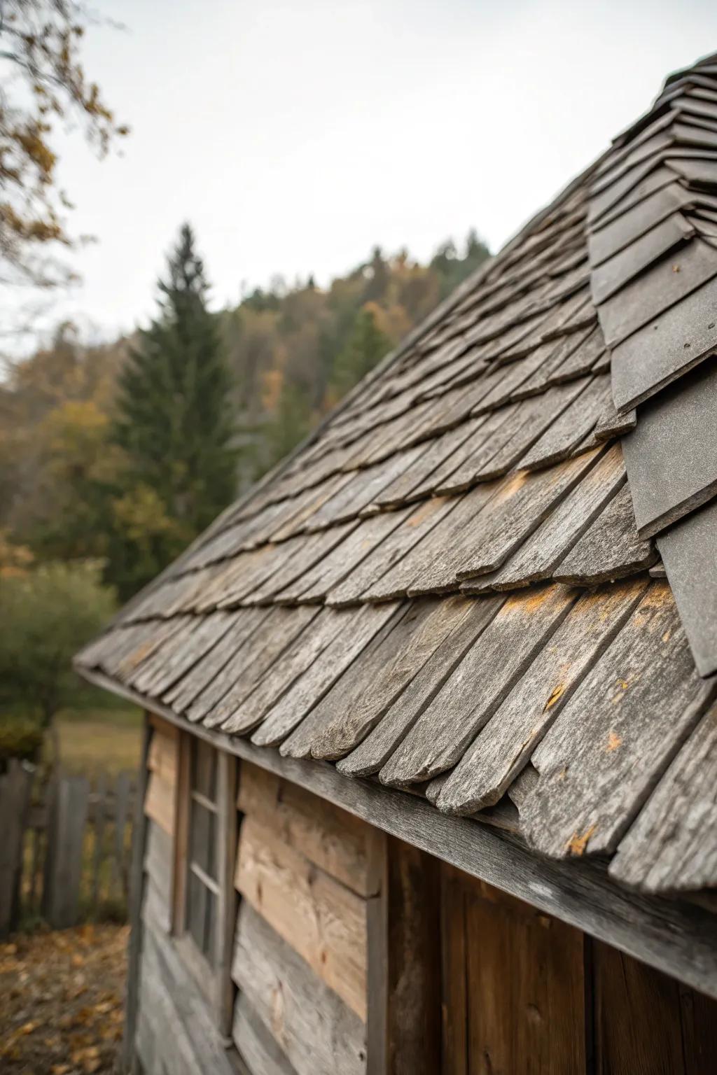 Weathered wood shingles add rustic charm to a cottage roof.