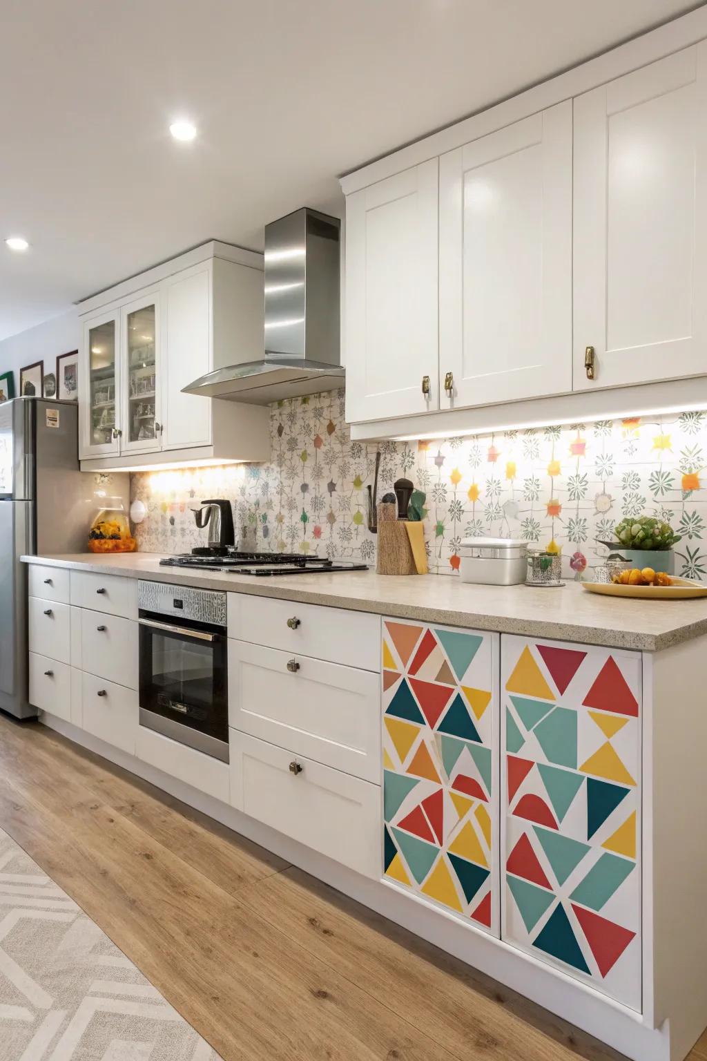 Playful geometric patterns on end caps for a lively kitchen atmosphere.