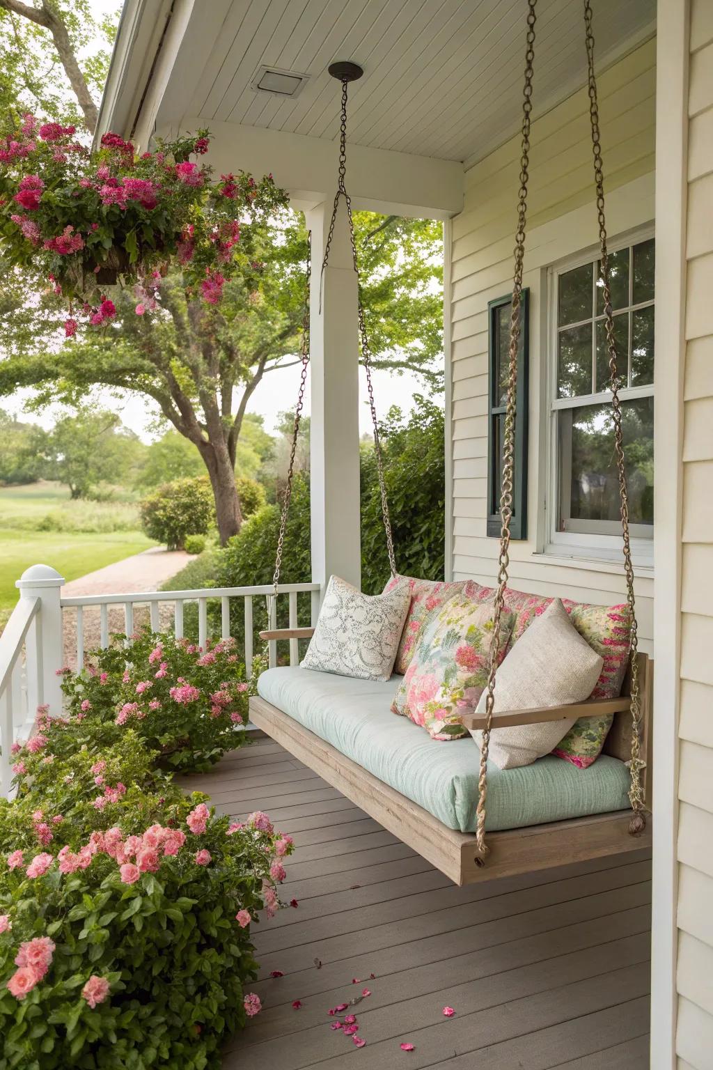 A porch swing offers a charming spot to relax and unwind.