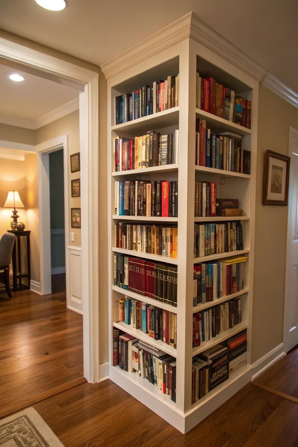 Corner bookshelves make the most of overlooked spaces.