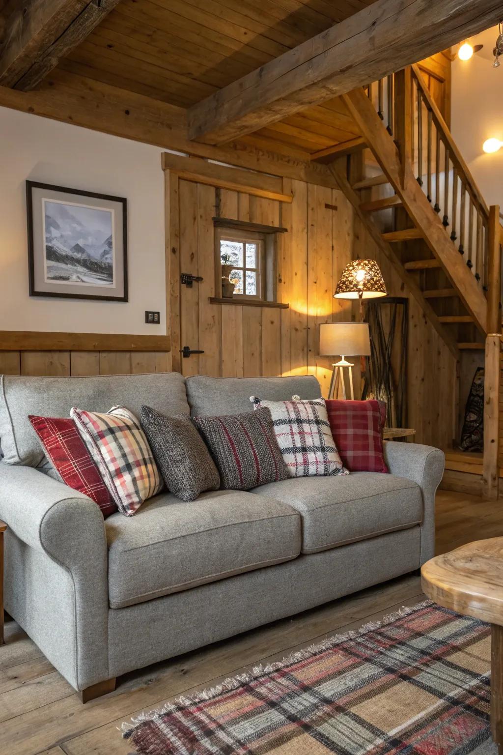 Plaid cushions introduce rustic charm to a grey sofa.