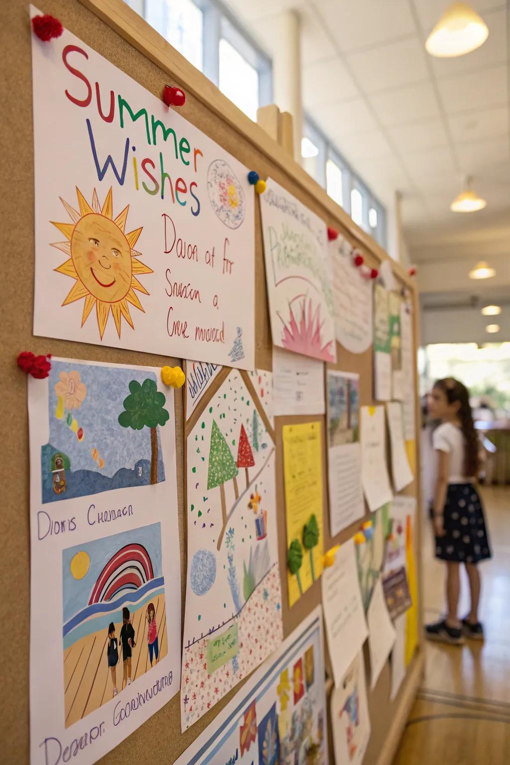 Summer Dreams bulletin board filled with children's aspirations.