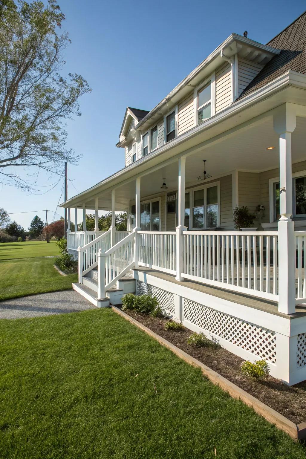 Wrap around porches offer timeless elegance and continuous shade.