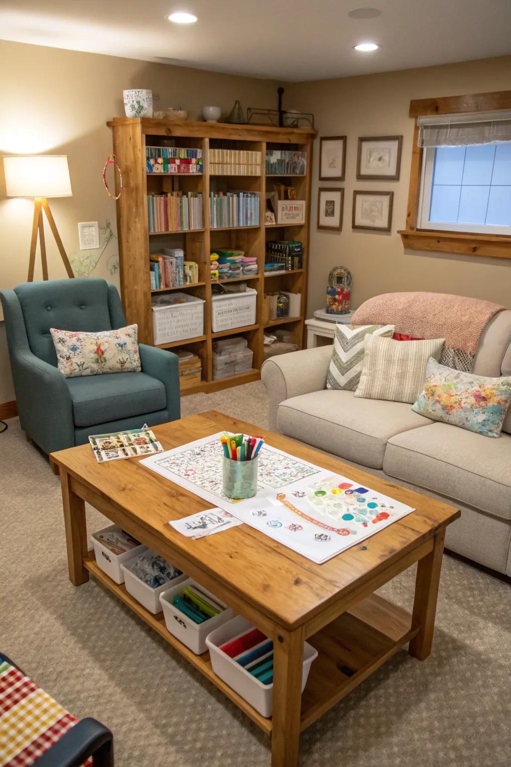 A craft room encouraging creativity within the den.