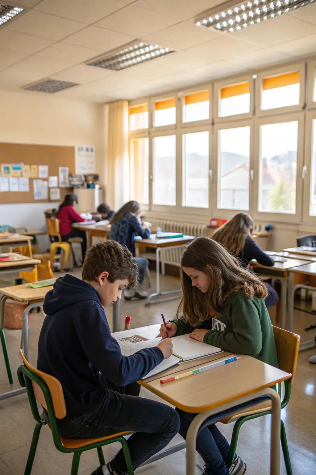 Paired desks facilitate peer learning and collaborative activities.