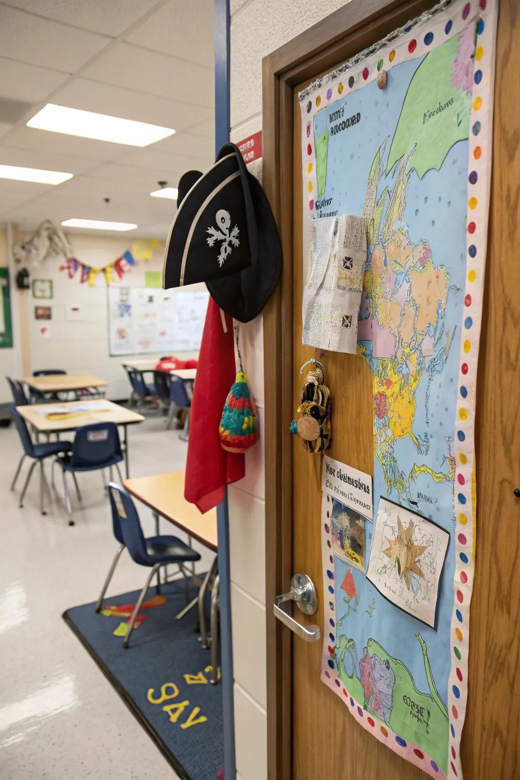 A pirate-themed door inviting students on a treasure hunt for knowledge.