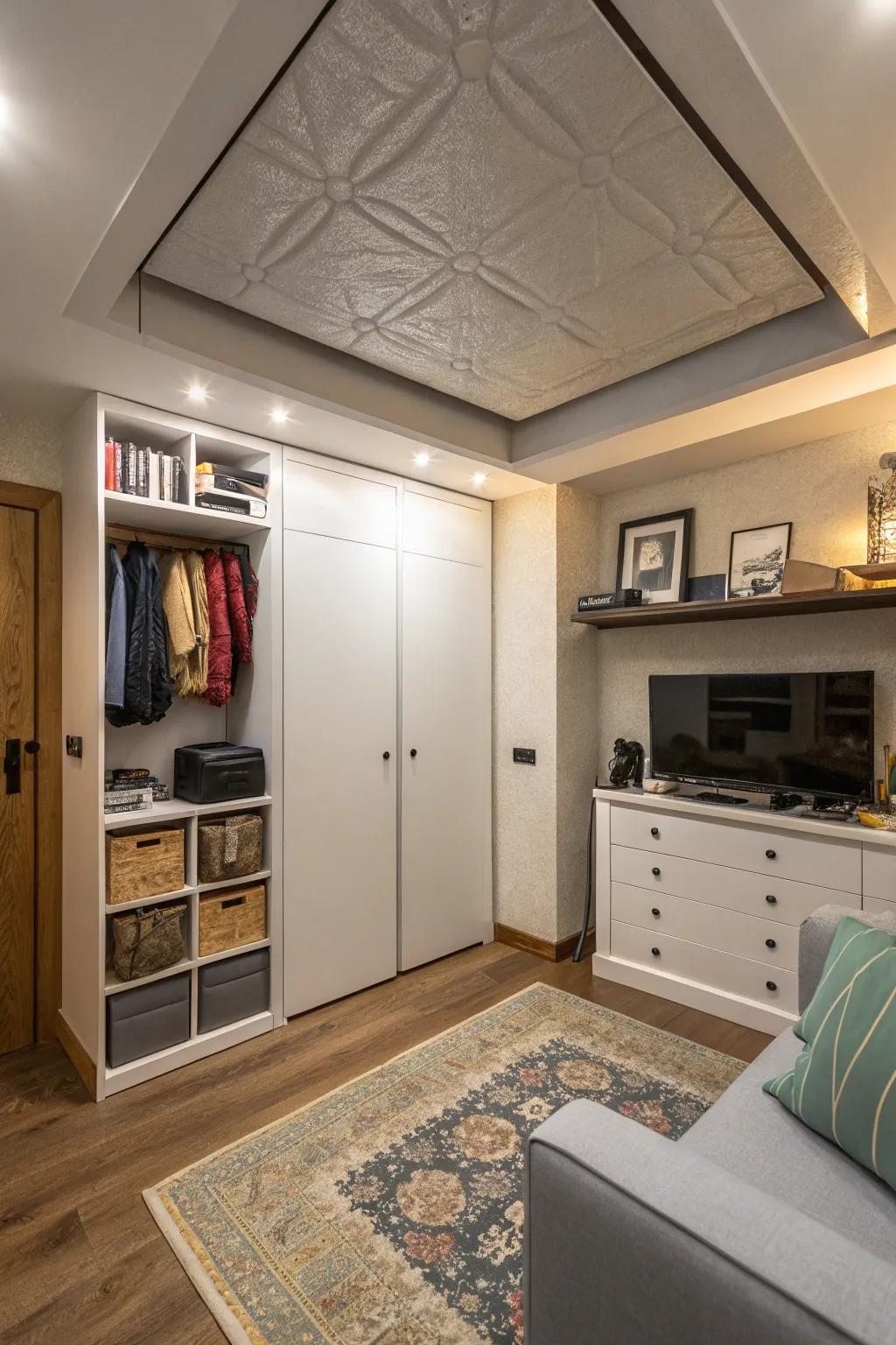 Ceilings with hidden storage maximize space.