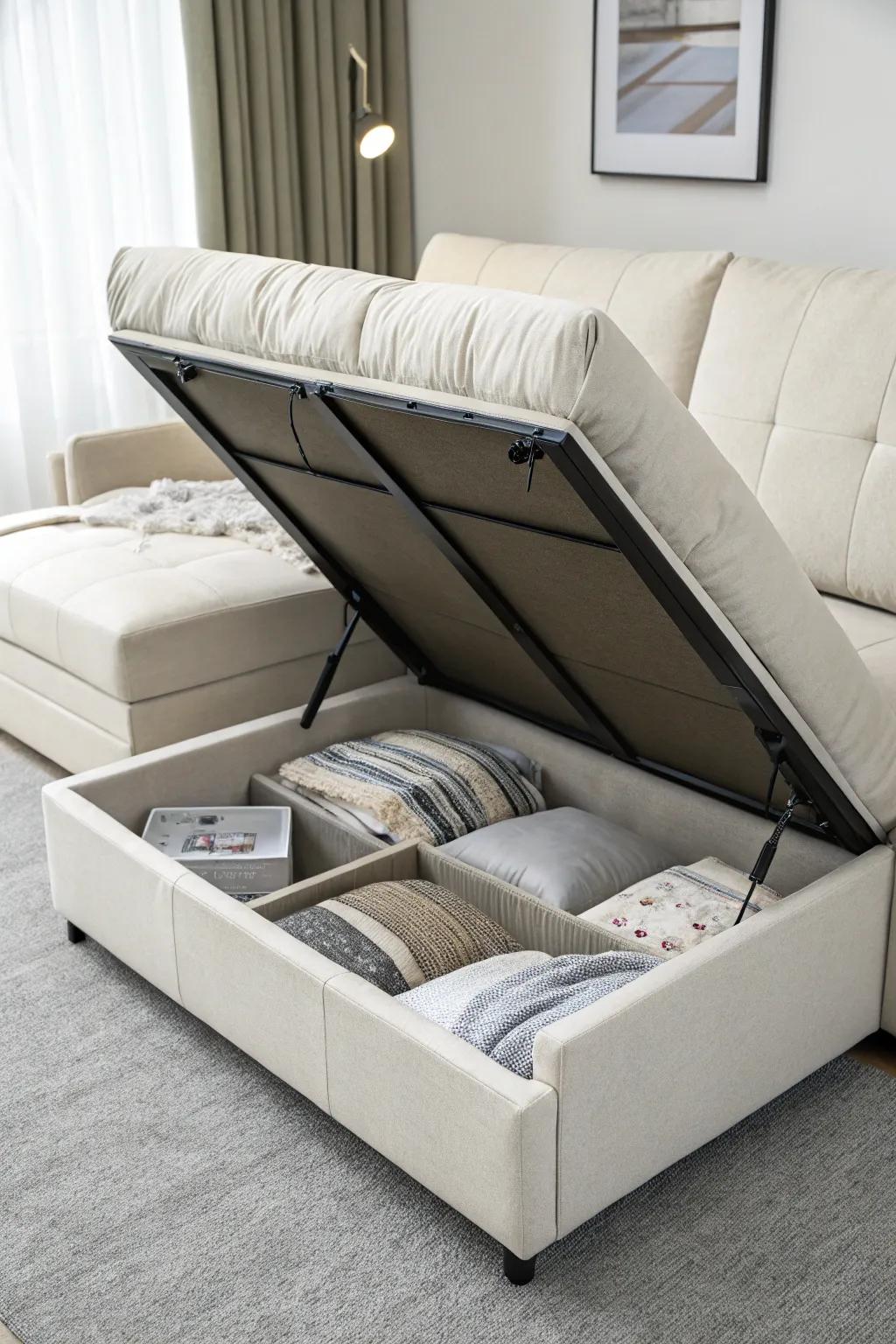 A convertible sofa provides dual functionality and storage.