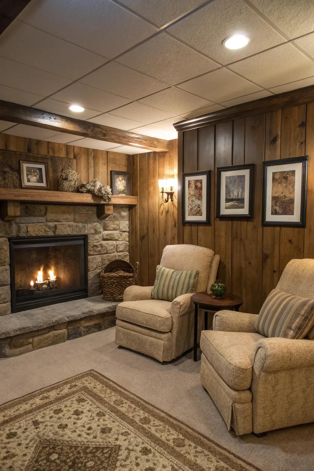 Relax in warmth with a basement fireplace.