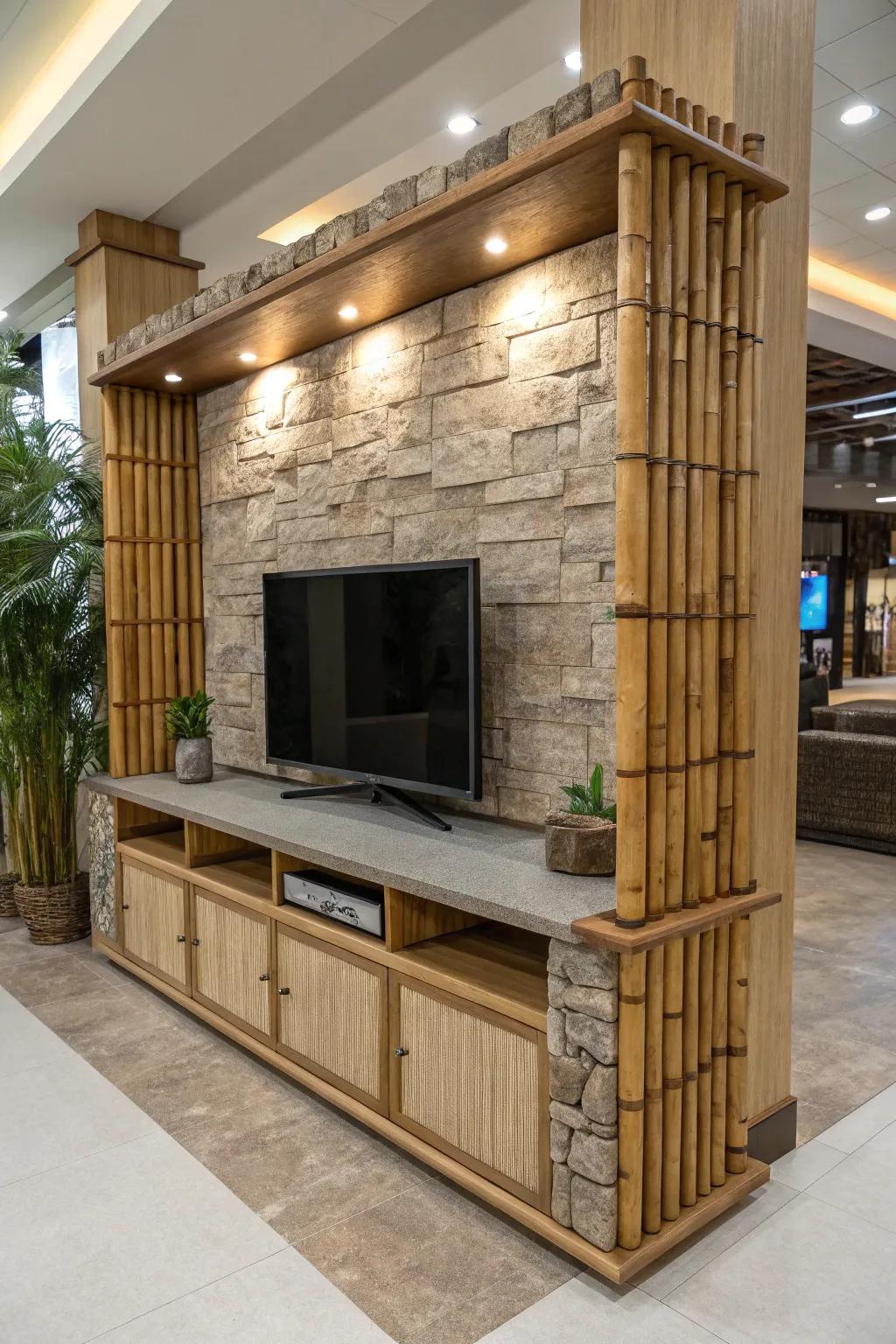 An entertainment center with a natural and serene aesthetic.