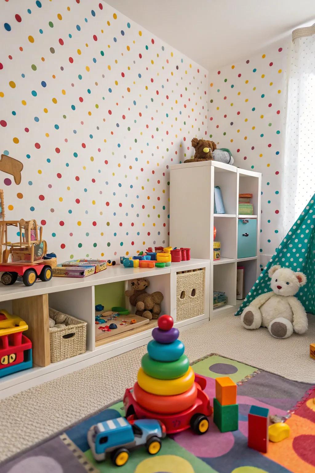 Playful polka dots in fabric wallpaper set a whimsical tone.