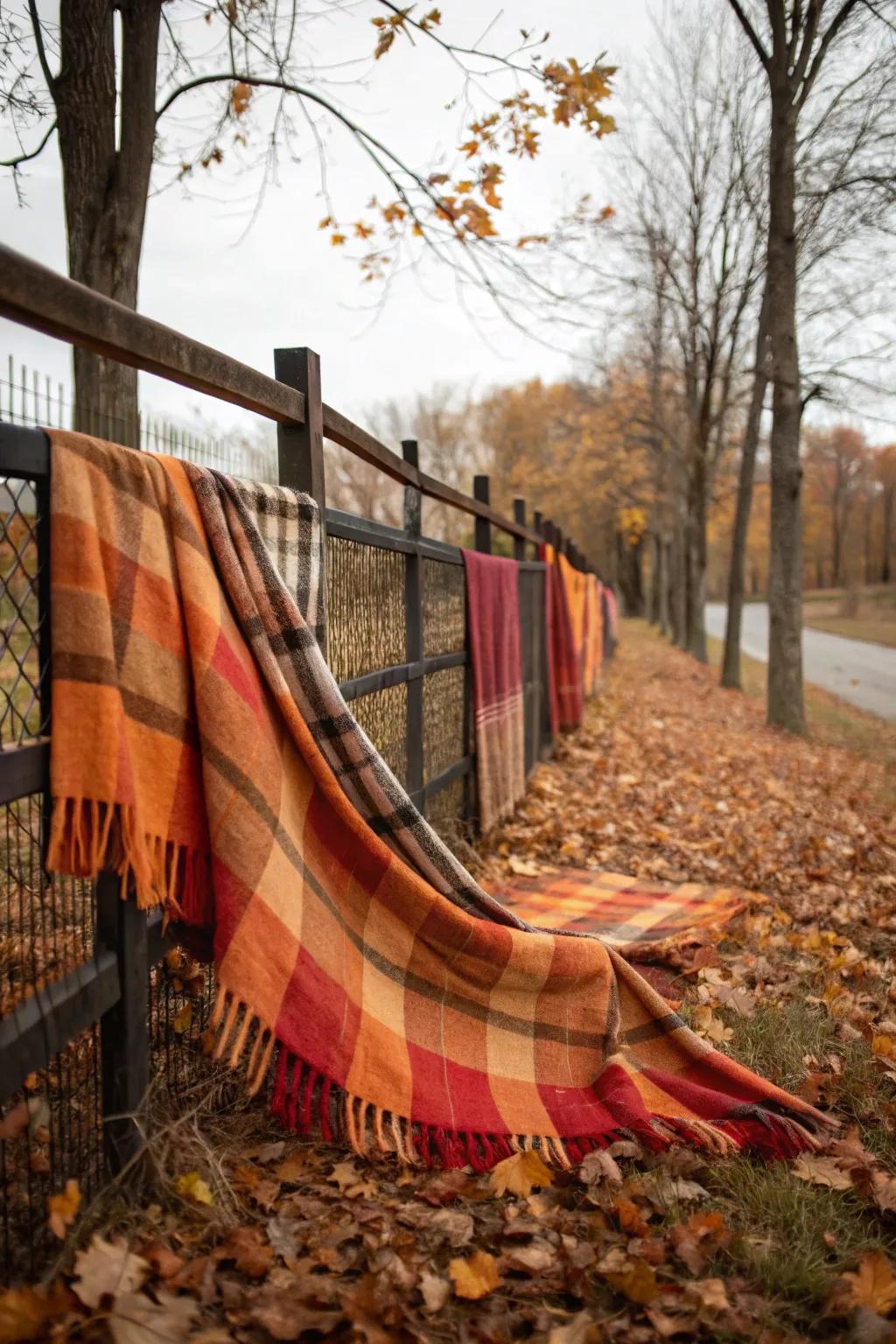 Plaid fabric in autumn colors adds a cozy look to the fence.