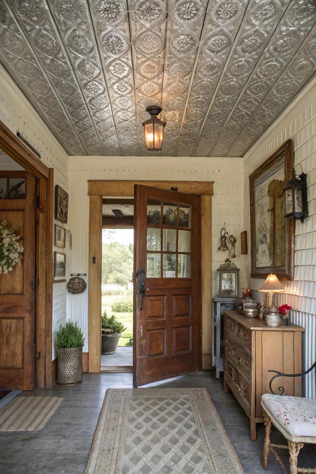 Tin tiles lend nostalgia and elegance to this farmhouse entryway ceiling.