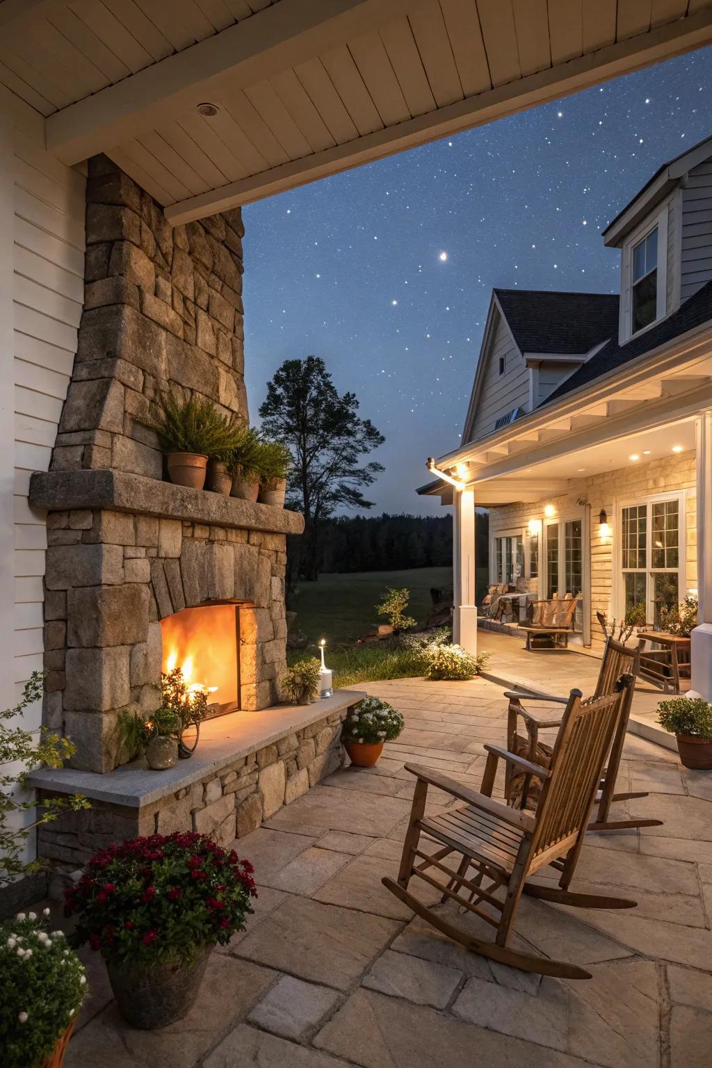 A rustic outdoor fireplace creates a cozy gathering spot.