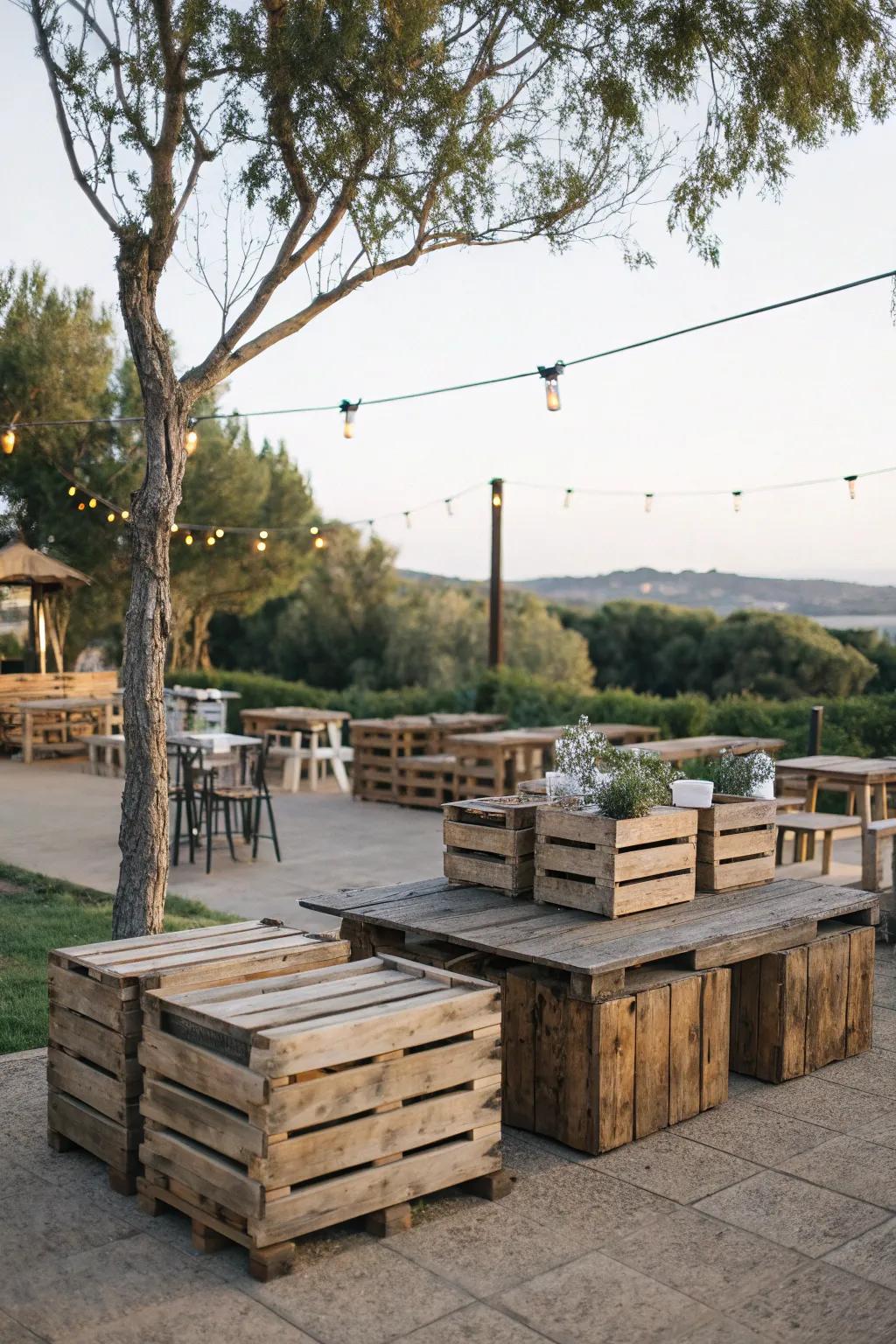 Host a rustic outdoor gathering with crate furniture.