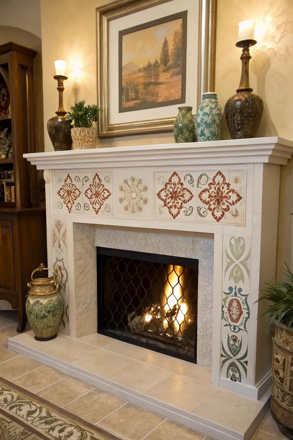 A faux fireplace featuring an artistic stenciled firebox design.