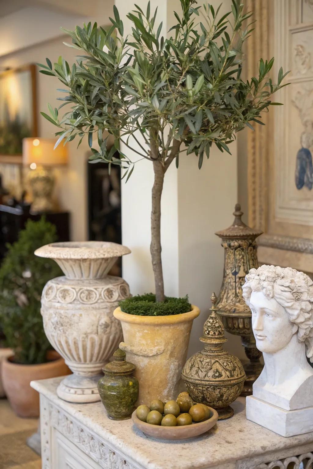 Create an artistic arrangement with a faux olive tree.