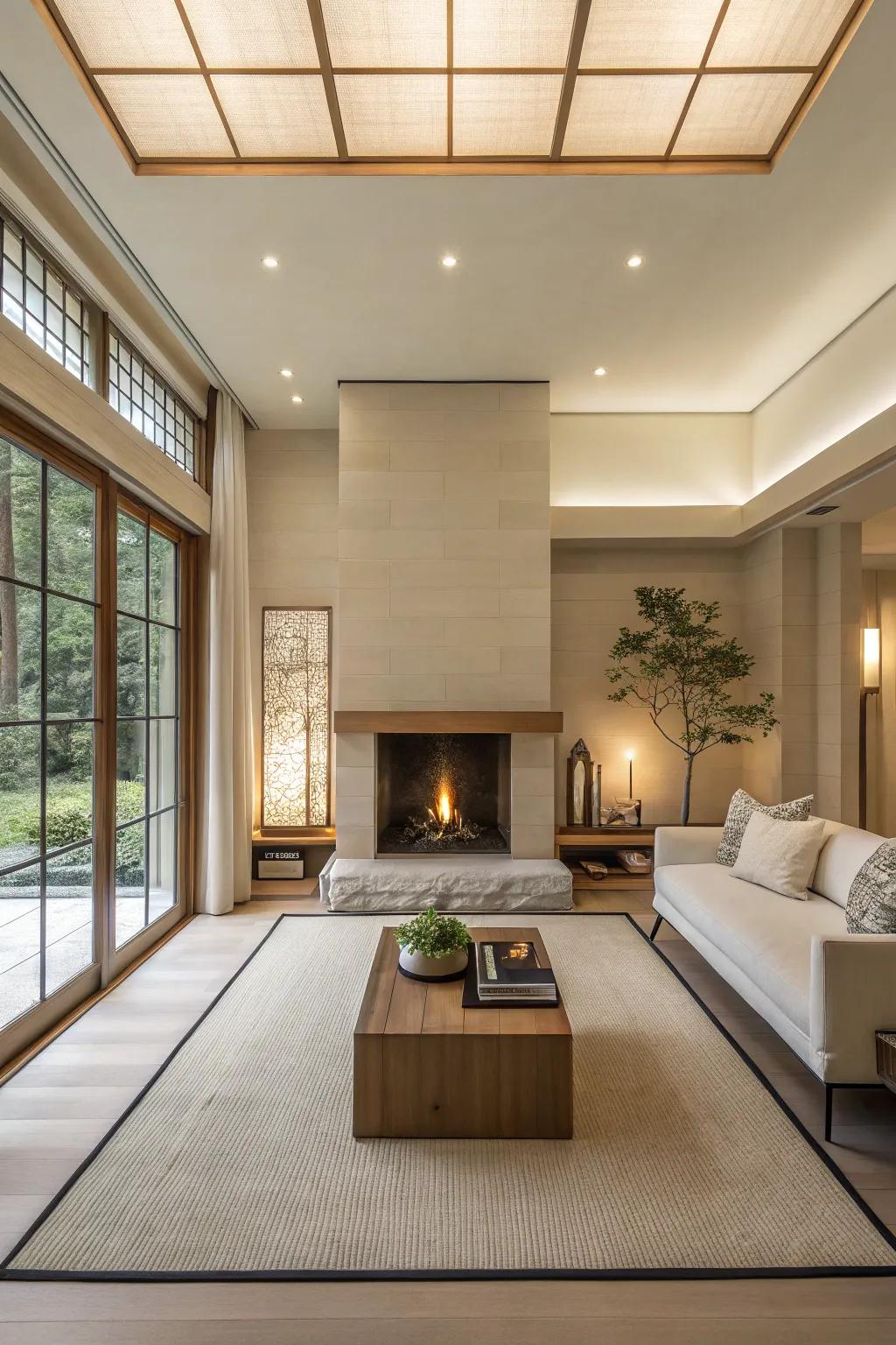 A serene, zen-inspired living room featuring a minimalist central fireplace.