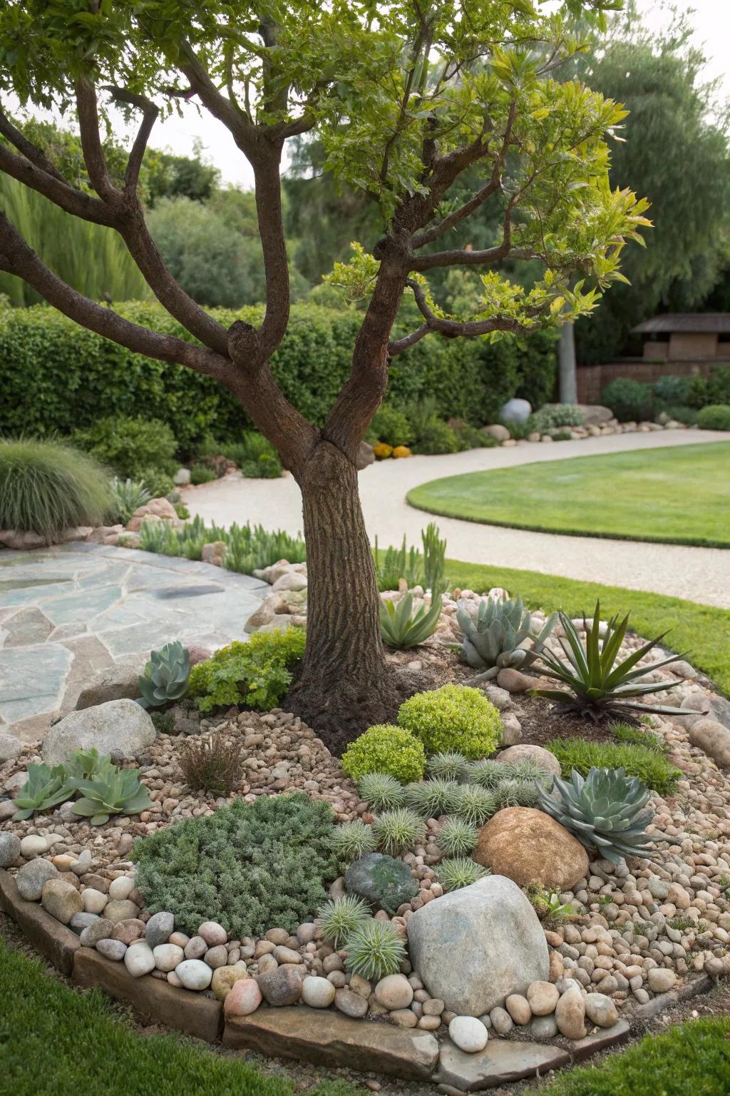 A rock garden with succulents offers a stylish, drought-tolerant design around this tree.