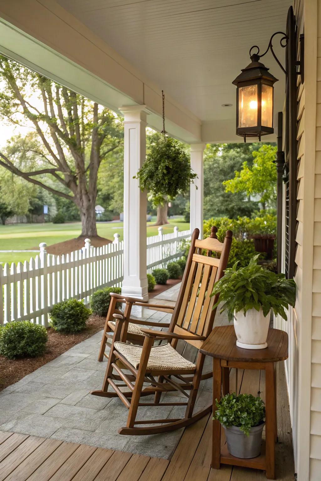 Classic wooden rocking chairs on a front porch.