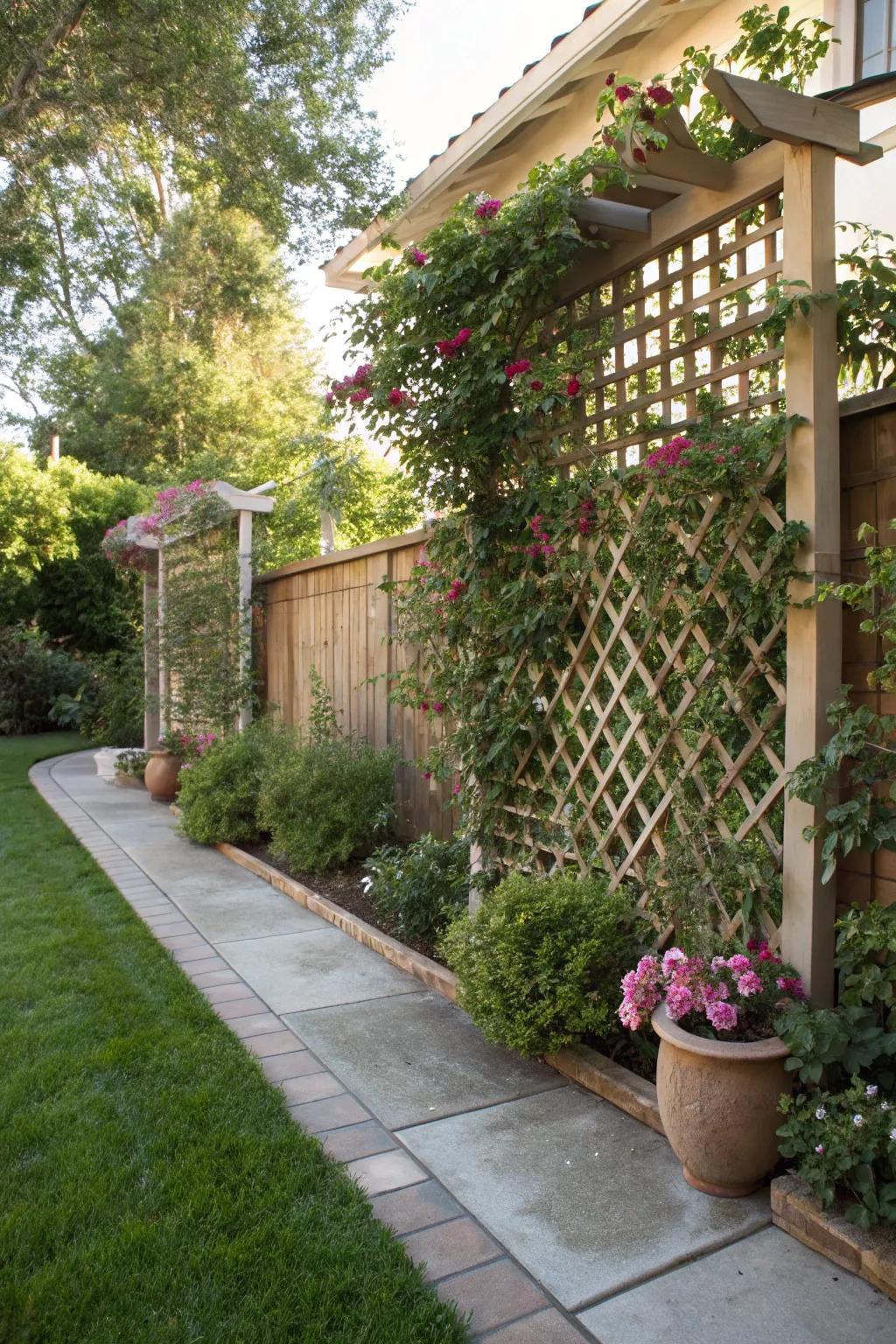 A living privacy screen adds seclusion and a touch of greenery.