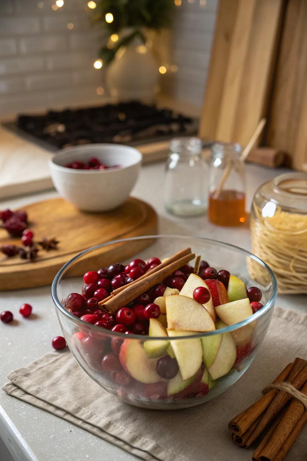 A festive fruit bowl showcasing fresh holiday components.