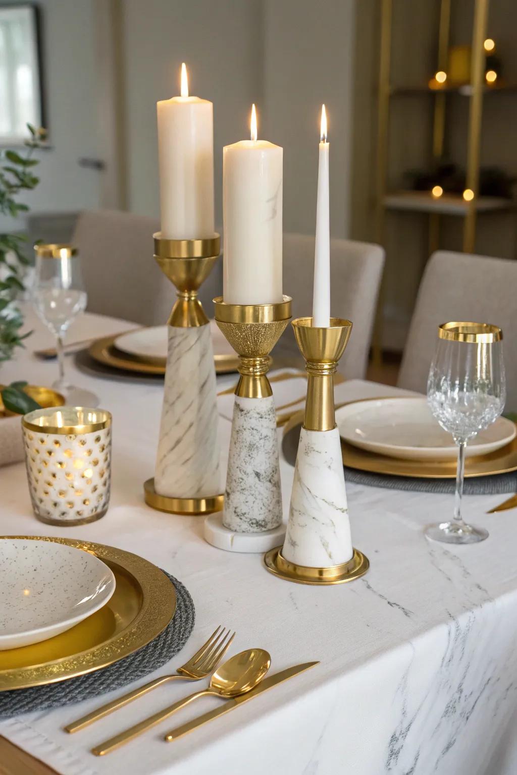 Opulent modernity showcasing gilded and stone light holders.