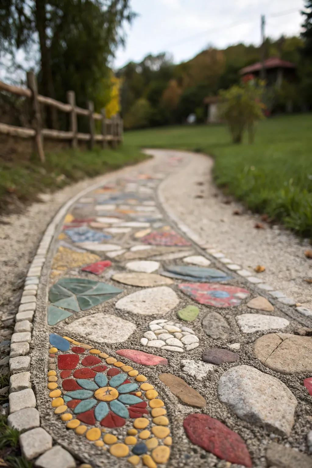 Mosaic elements turn a gravel path into a work of art.