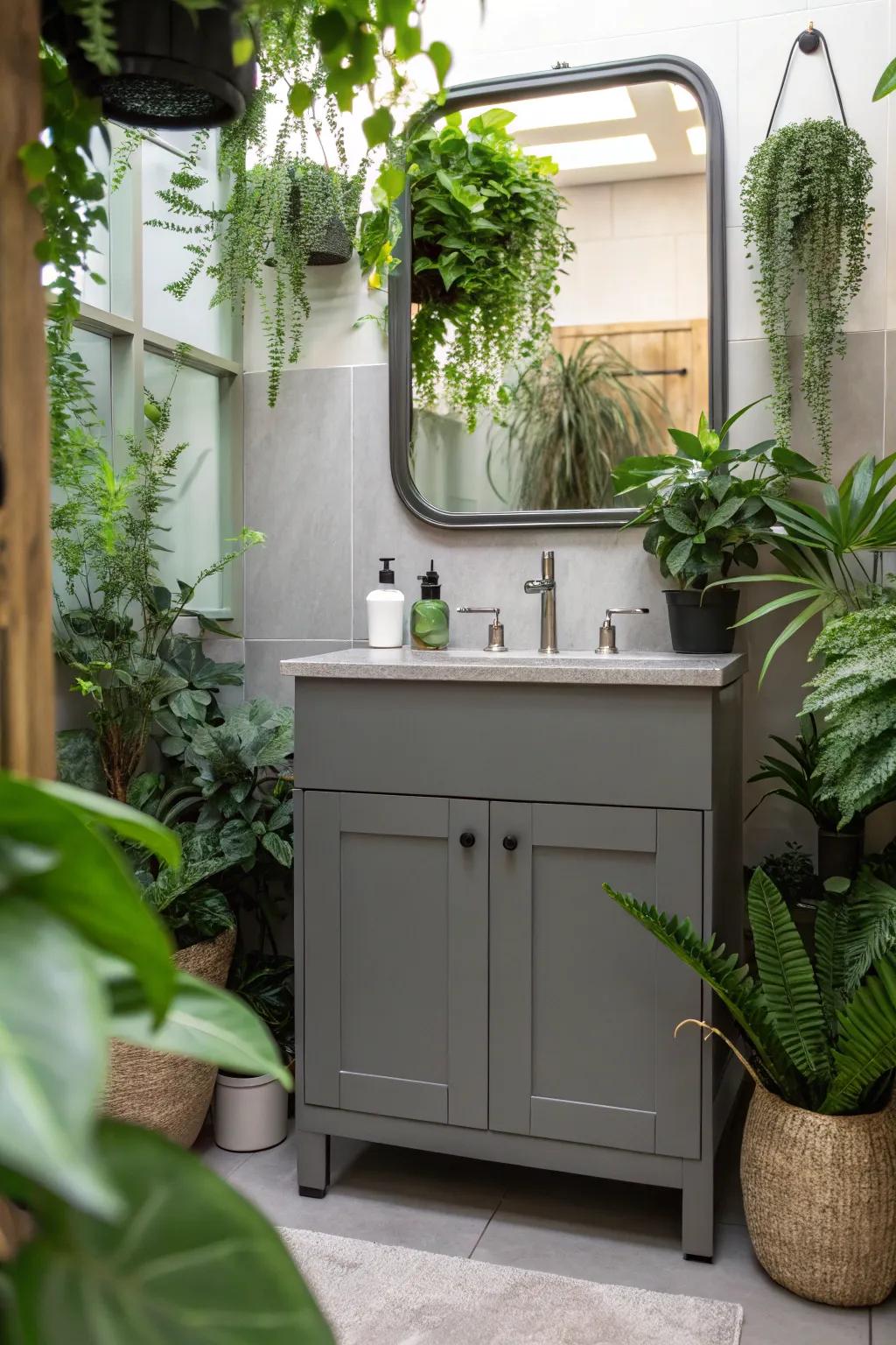 A fresh and lively bathroom featuring a gray vanity and greenery.