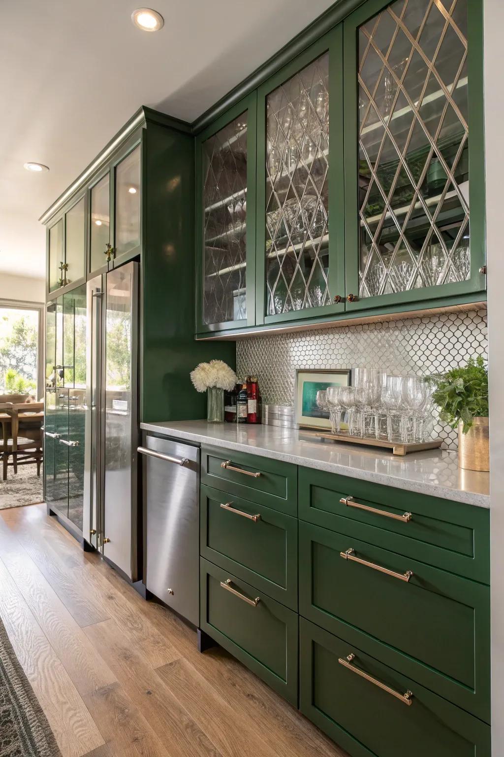 Dynamic kitchen with mixed materials and green cabinets.