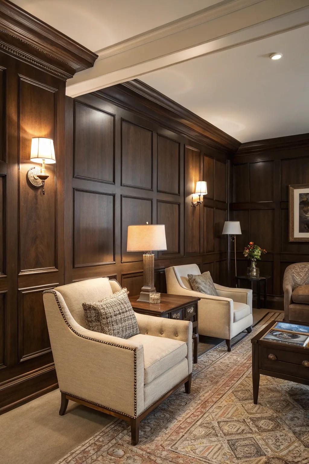 Create drama with dark wood paneling.