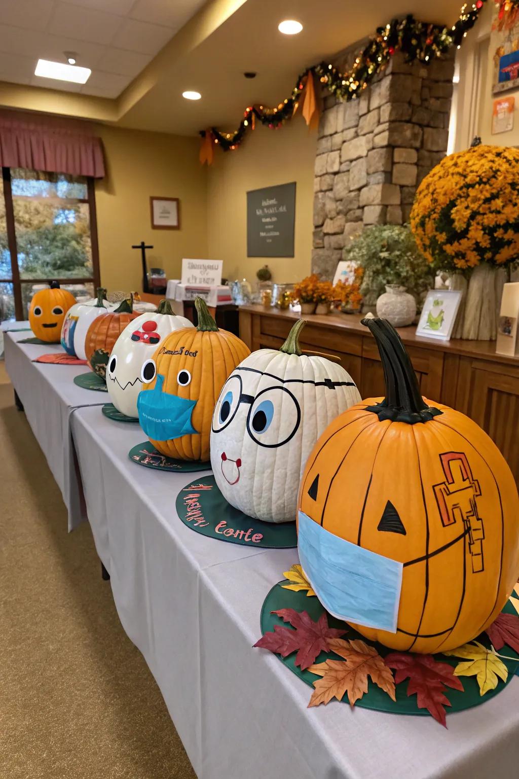 Pumpkins paying tribute to healthcare heroes with creative and heartfelt designs.