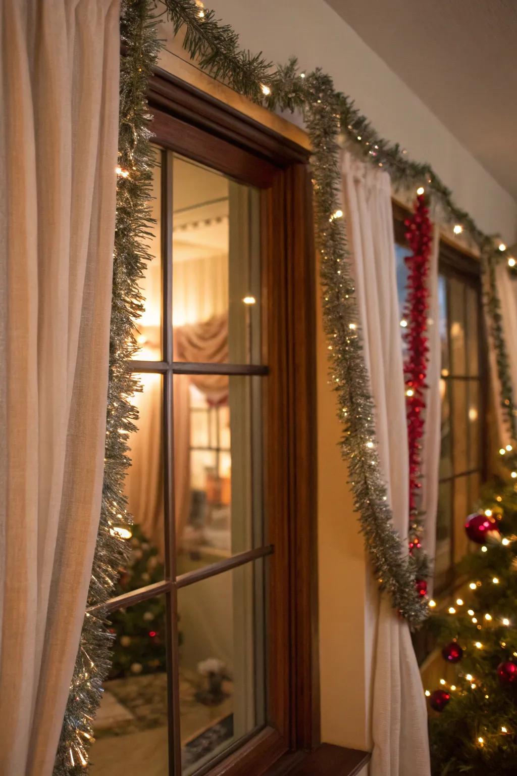 A window upgraded with glittery chain decorations hanging from the window ornament poles.