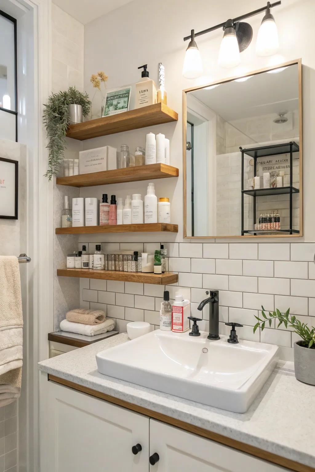 Keep your bathroom functional and stylish with in-wall shelving.