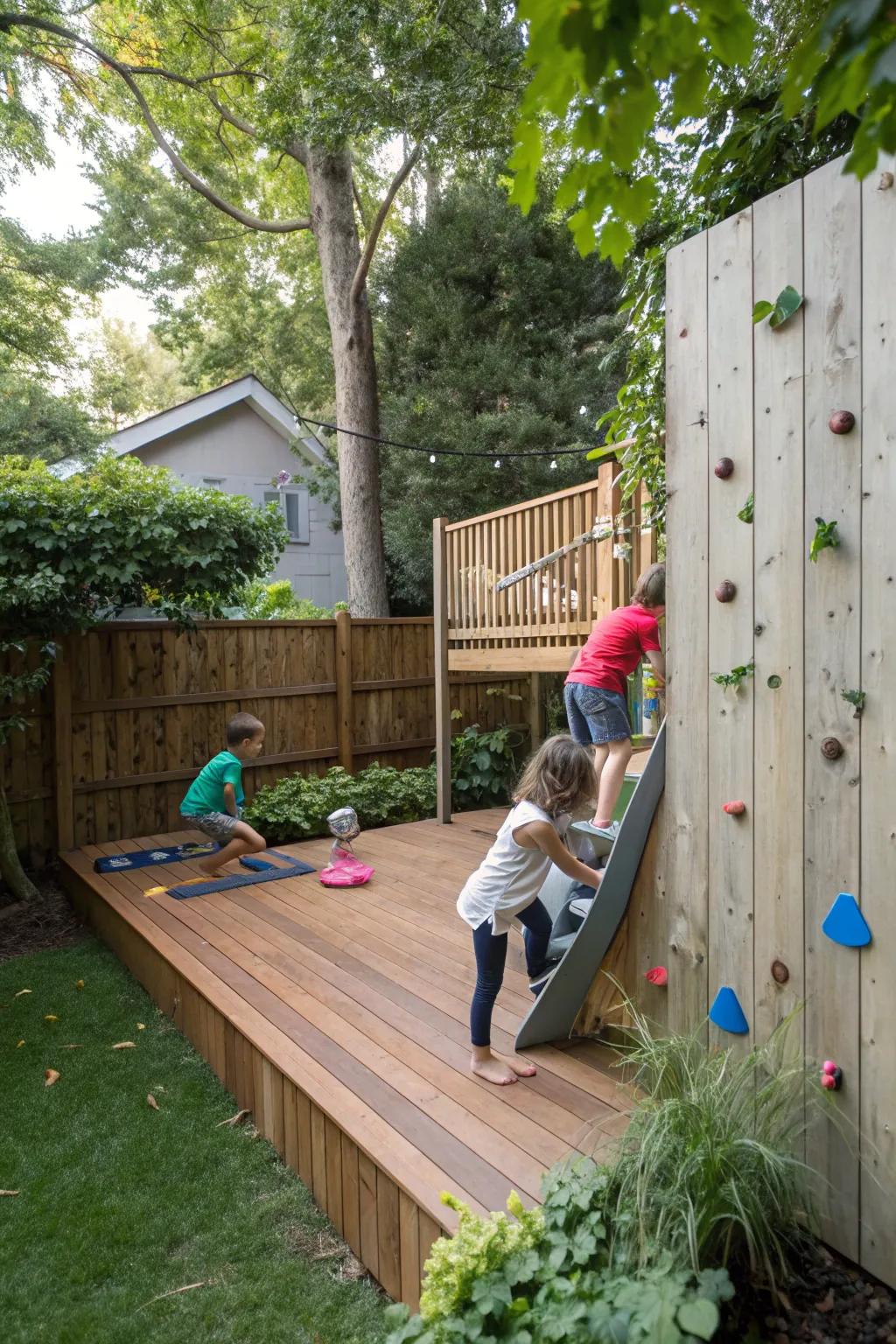 A deck with a small climbing wall where children are climbing and playing.