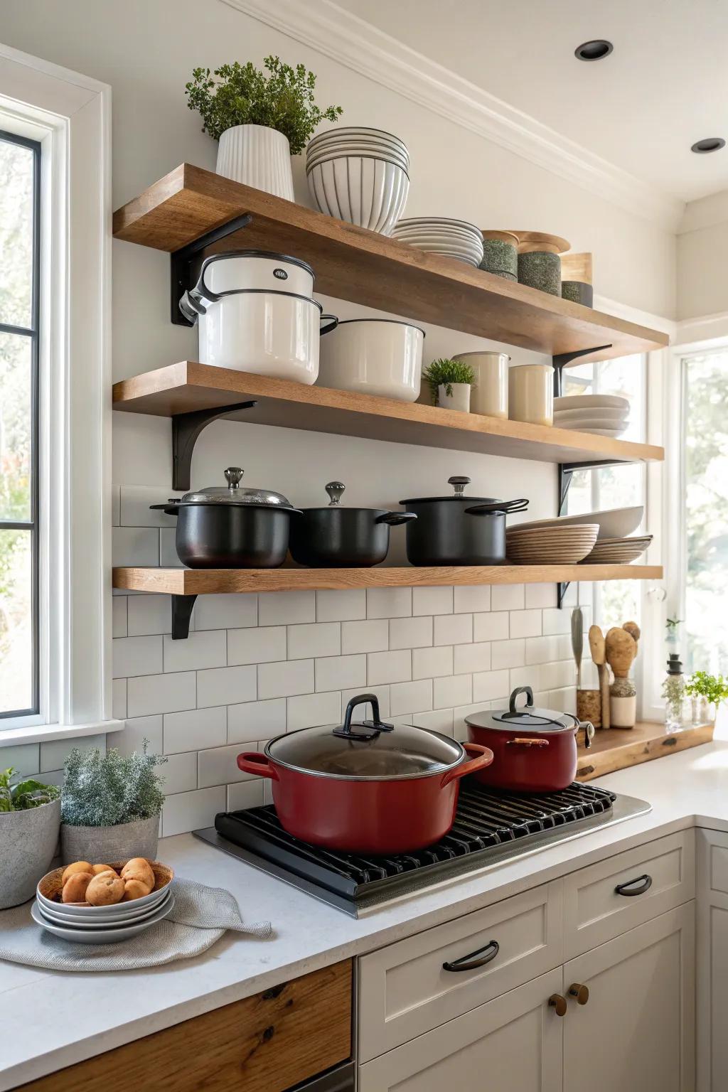 Floating shelves offer modern storage and display options.