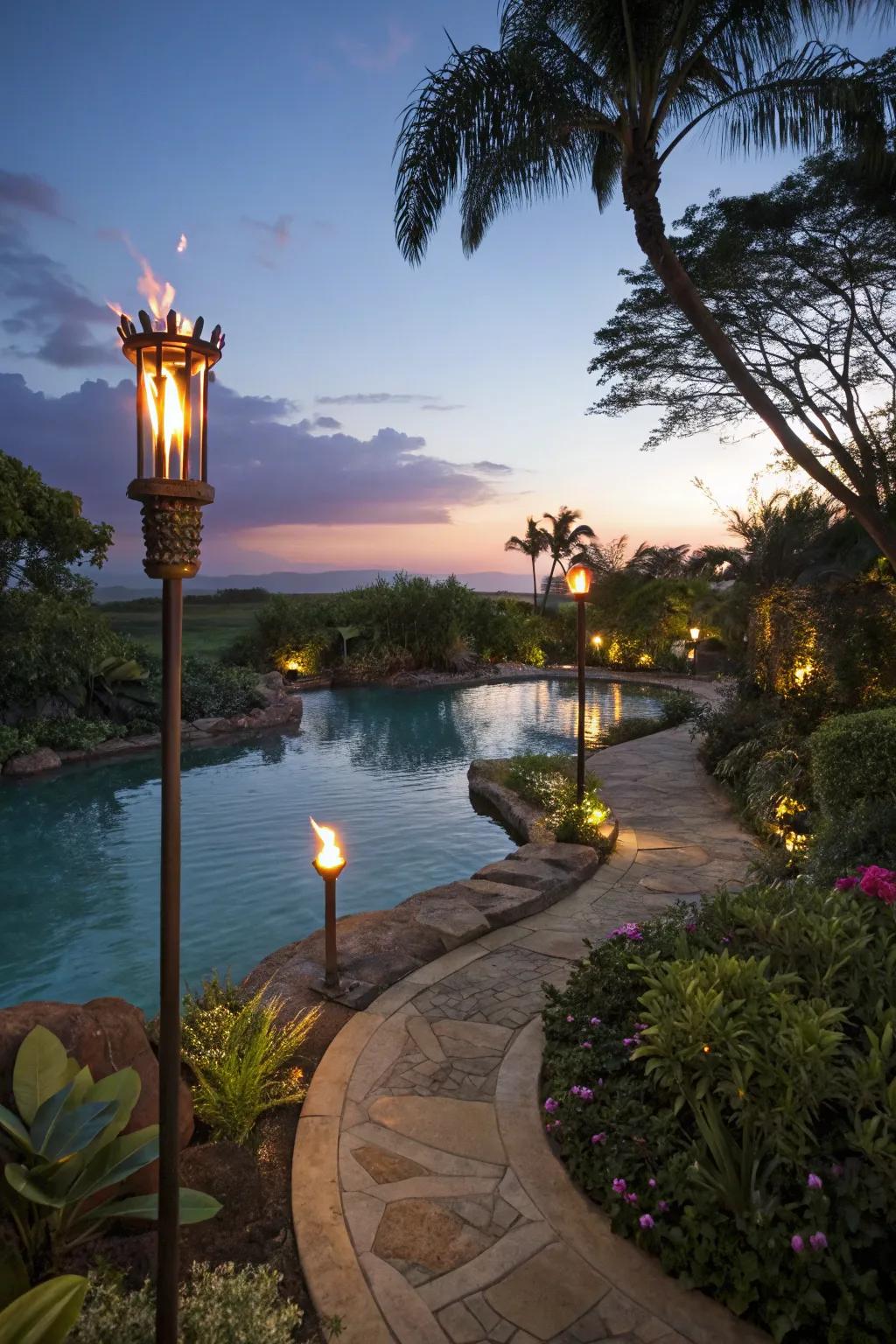 Tiki torches add festive lighting to lagoon pools.