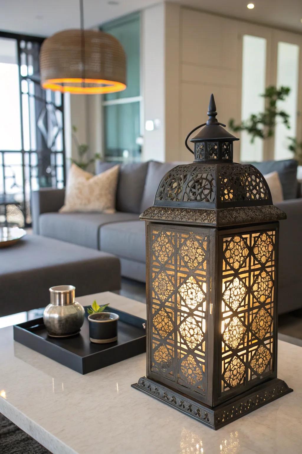 A lantern with geometric designs for a modern touch.