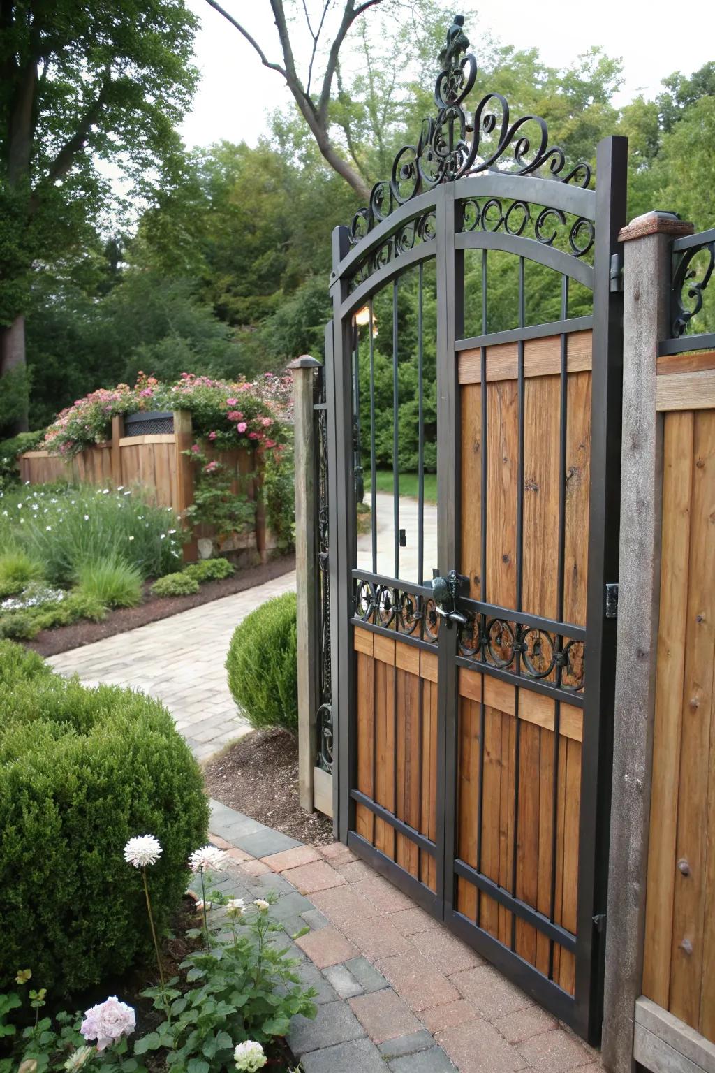 An iron and timber combo entrance merges fortitude and splendor.