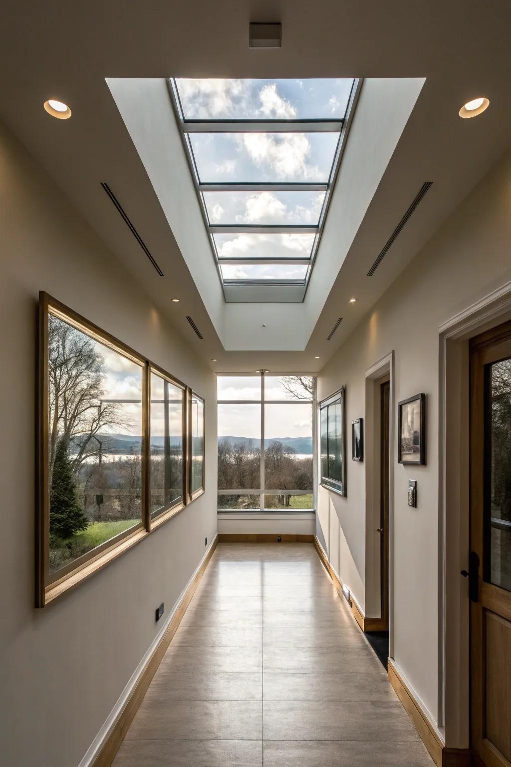 Skylights paired with a picture window creating a light-filled hallway.