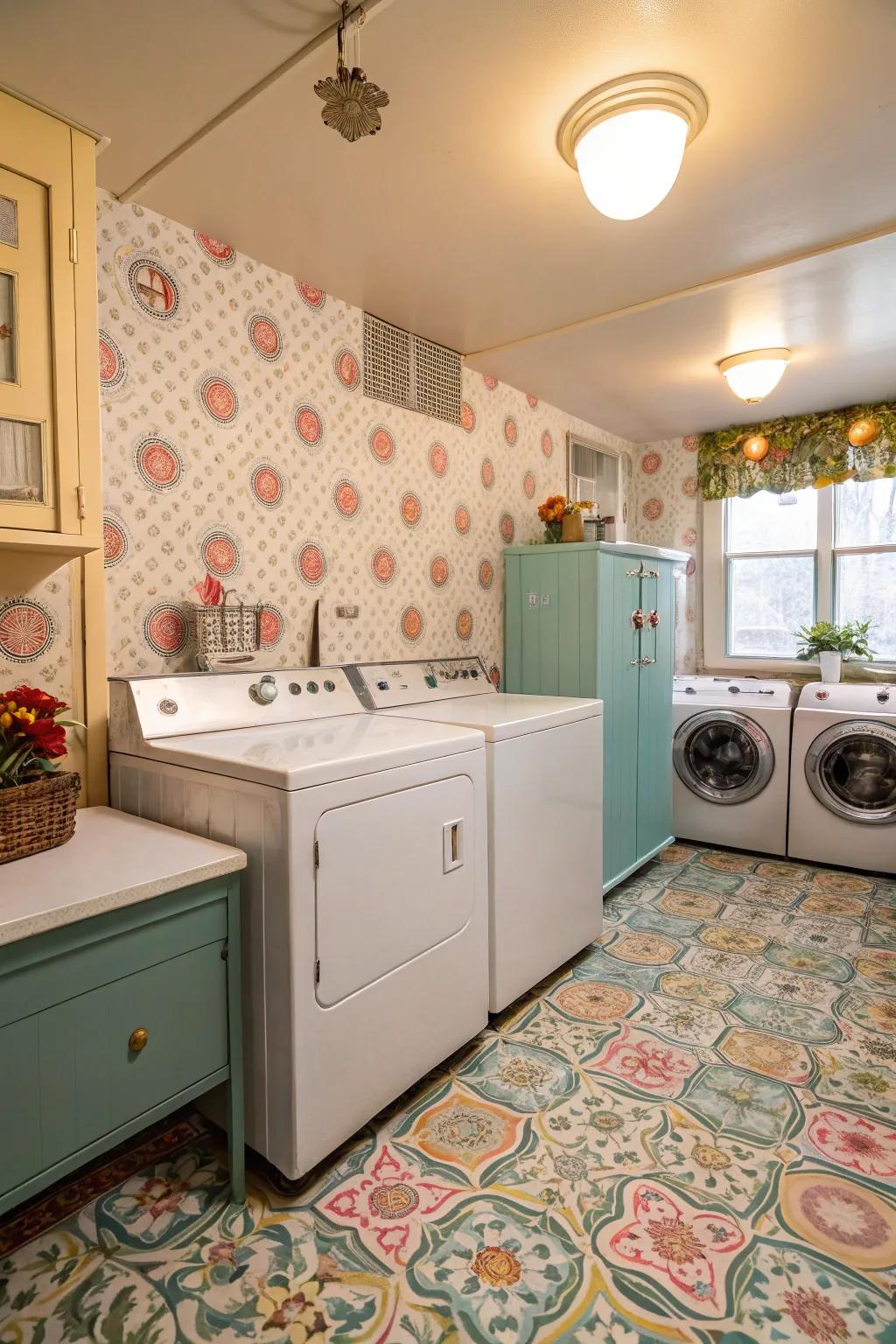 Vintage-patterned vinyl flooring adds charm and nostalgia.