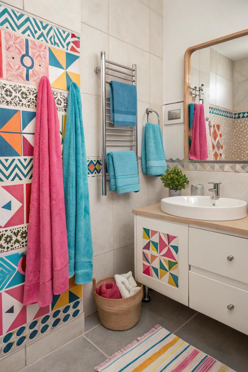 Unexpected color accents add personality to a light-toned bathroom.