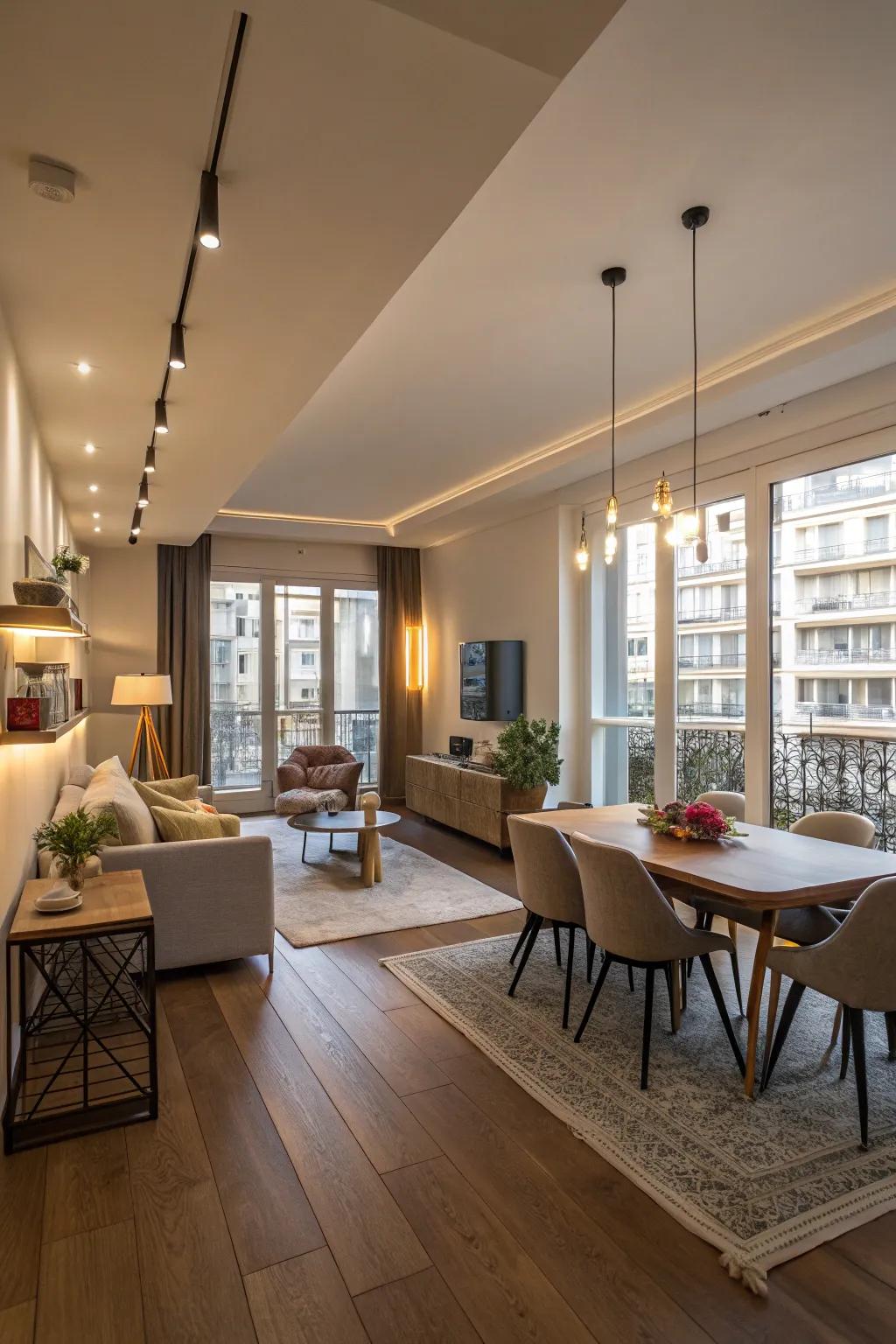Lighting zones effectively identify spaces within open-plan apartments.