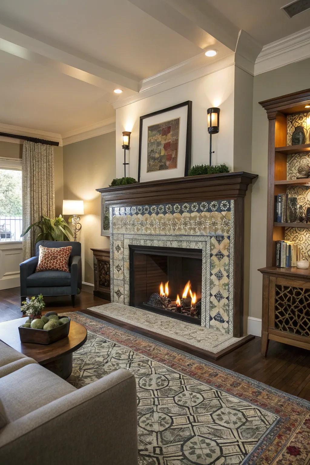 An artistically designed fireplace that adds character to the living room.