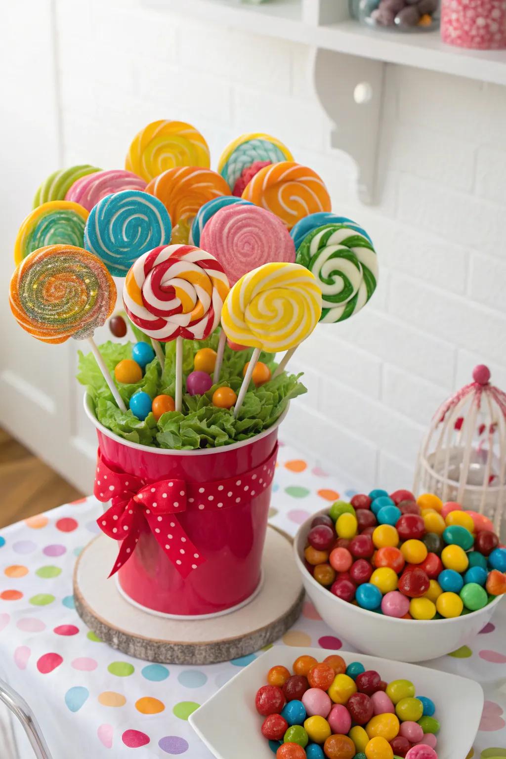 A layered candy and lollipop bouquet full of surprises