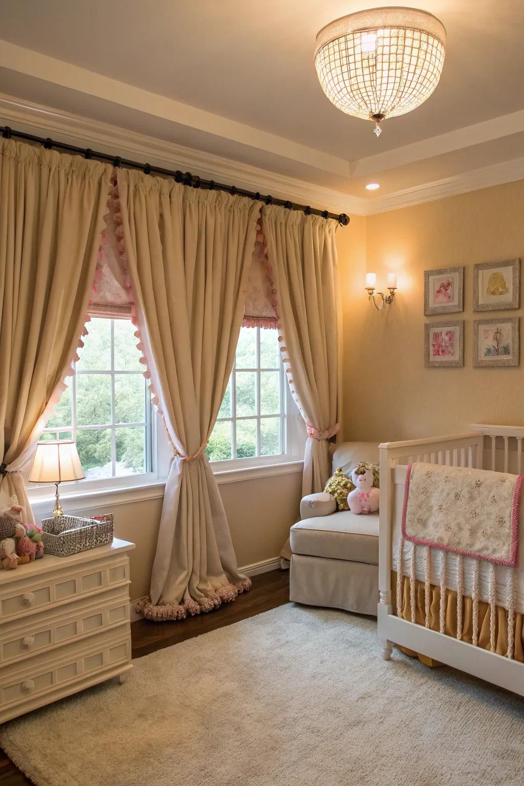 A baby room with nice curtains, using blackout curtains and fancy tiebacks.