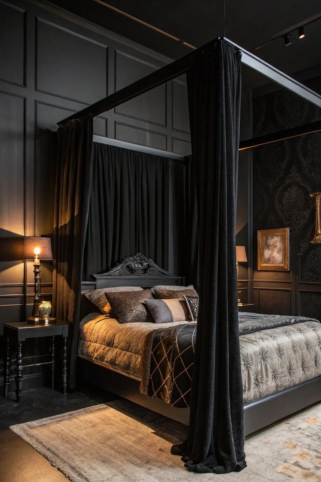 A four-poster bed adds drama and elegance to this intimate black bedroom.